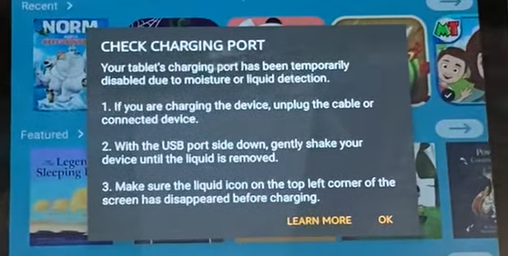 Check Charging Port error on a Kindle Fire HD 10 tablet